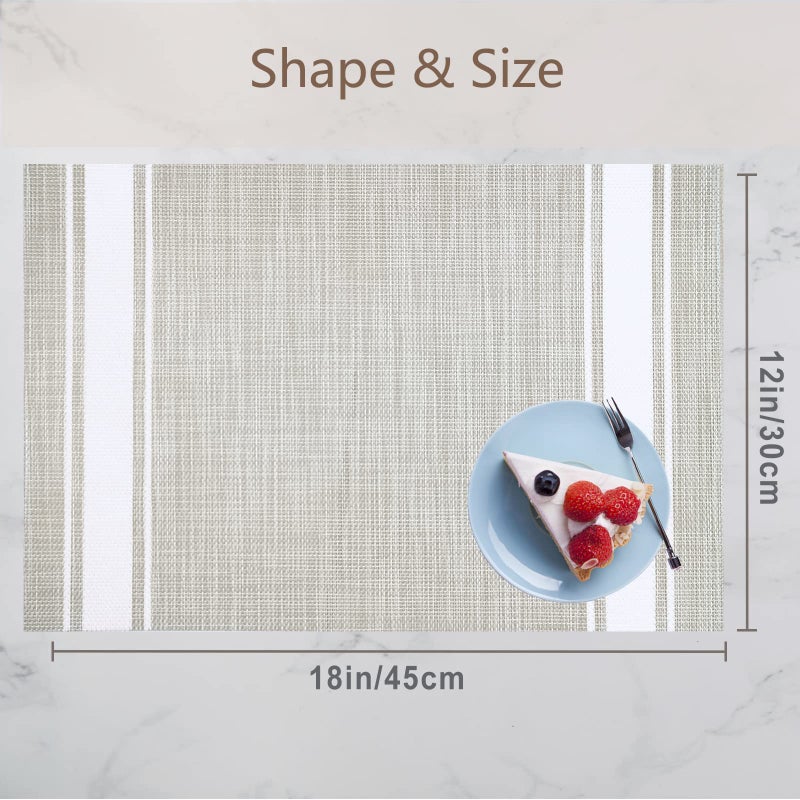 DACHUI Placemats Set of 6, Soft & Elegant Woven Vinyl Place Mats, Water Resistant, Heat Resistant, Washable, Durable Table Mats (White Stripes) - Image 5
